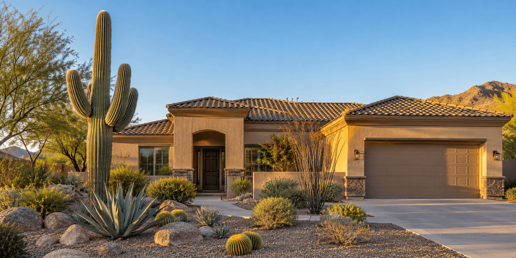 A well-kept single-storey Arizona home with desert landscaping in warm afternoon light