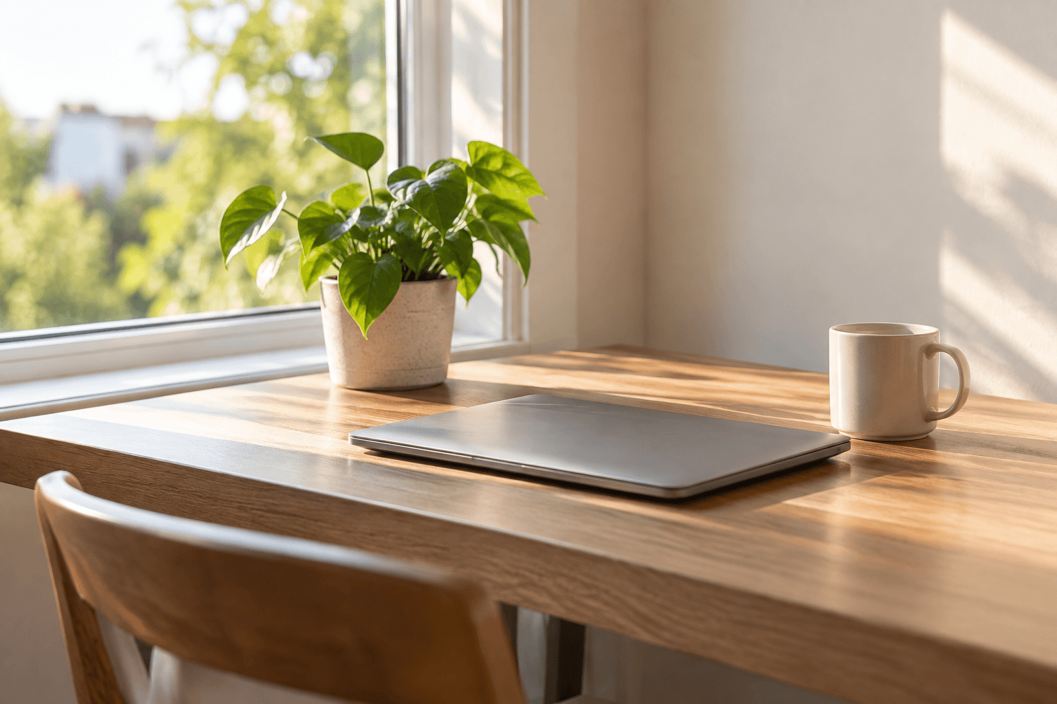 A tidy home office nook with a laptop, plant and mug in warm morning light