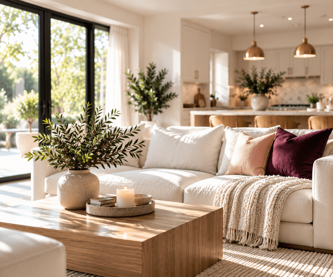 A bright, freshly cleaned living room with a white sofa and an open kitchen behind it