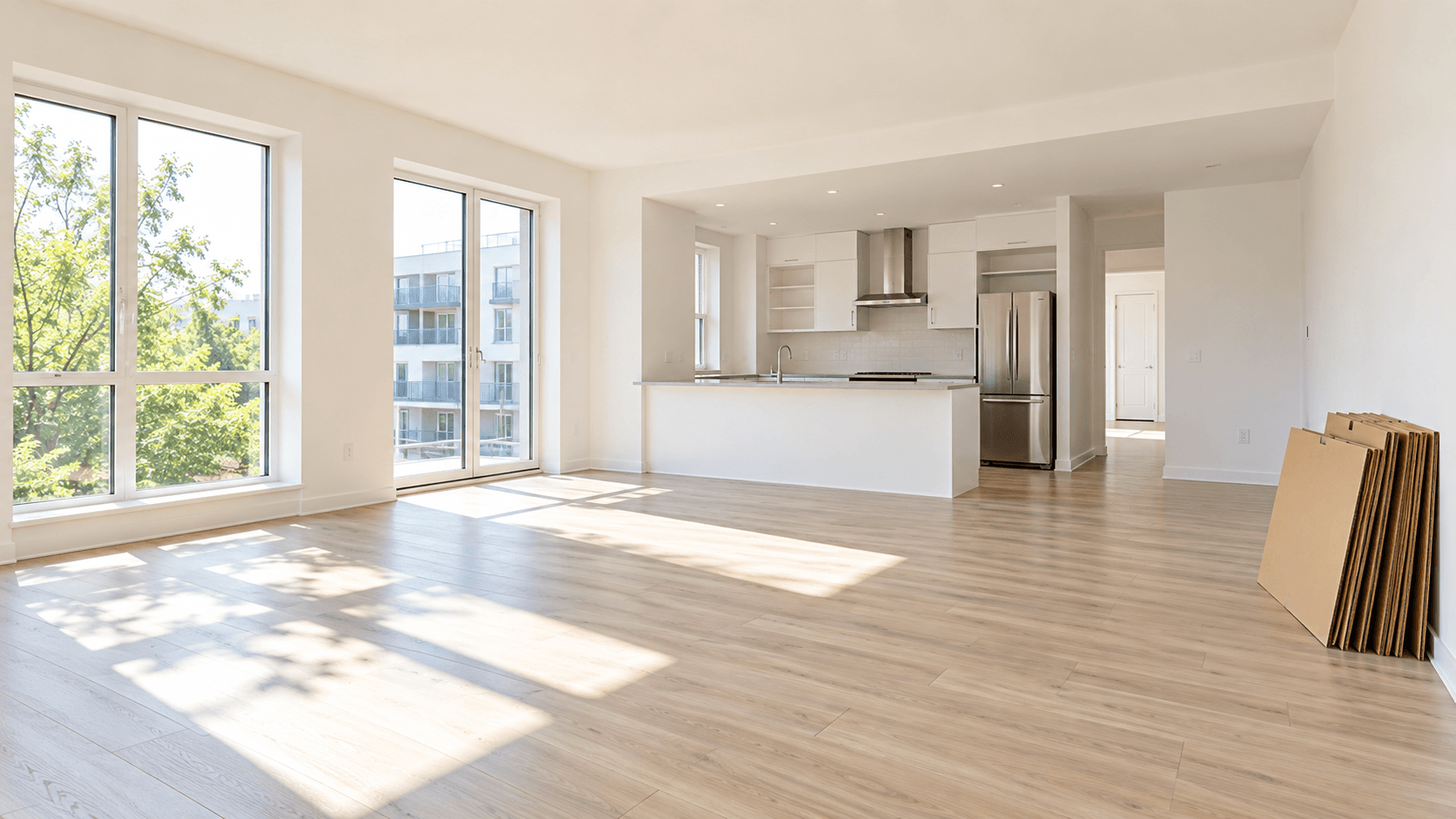 An empty apartment after a move-out clean, with bare floors and open kitchen cabinets